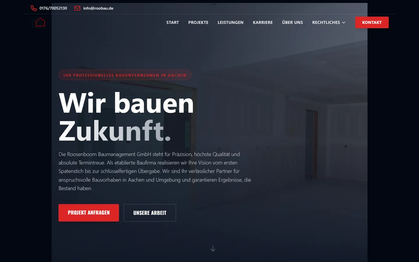 roobau.de heute: neue Website von Roosenboom Baumanagement mit dunklem Hero und dem Slogan Wir bauen Zukunft