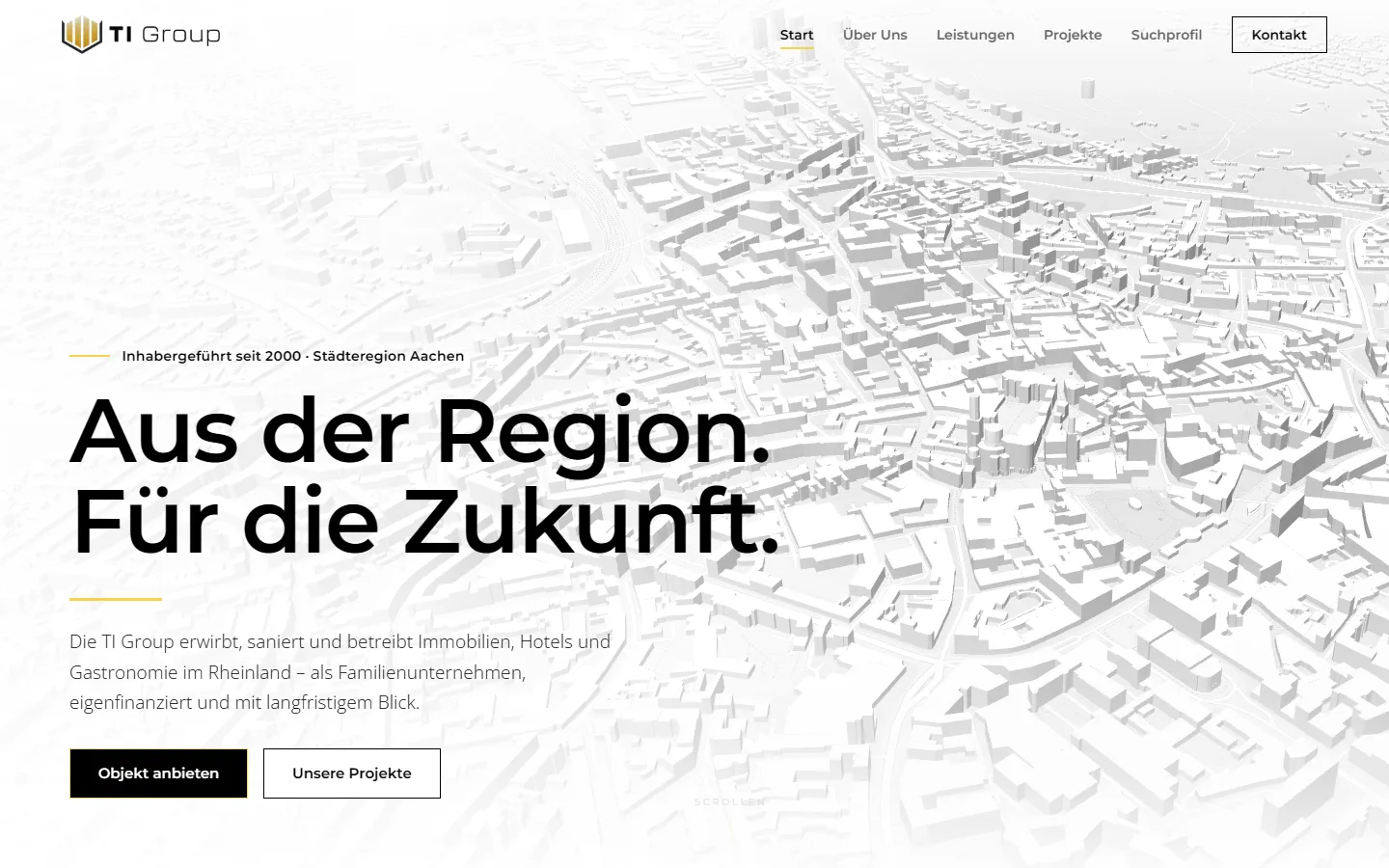 Startseite von ti.group: TI Group, Immobilien, Hotellerie und Gastronomie im Rheinland, mit 3D-Karte der Region Aachen im Hintergrund